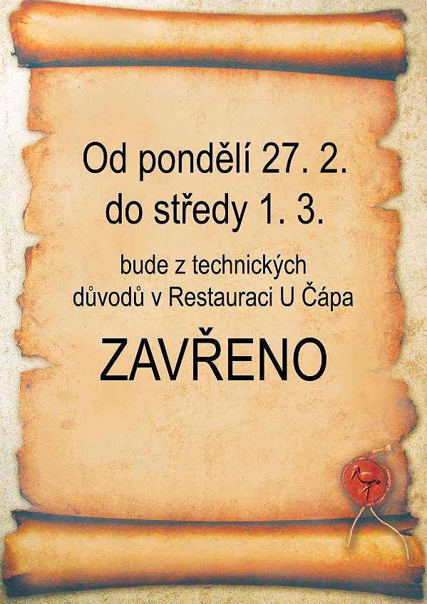 Ve dnech 27.2. - 1.3. máme zavřeno