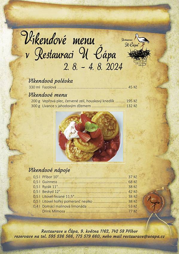 Víkendové menu od 2. 8. 2024