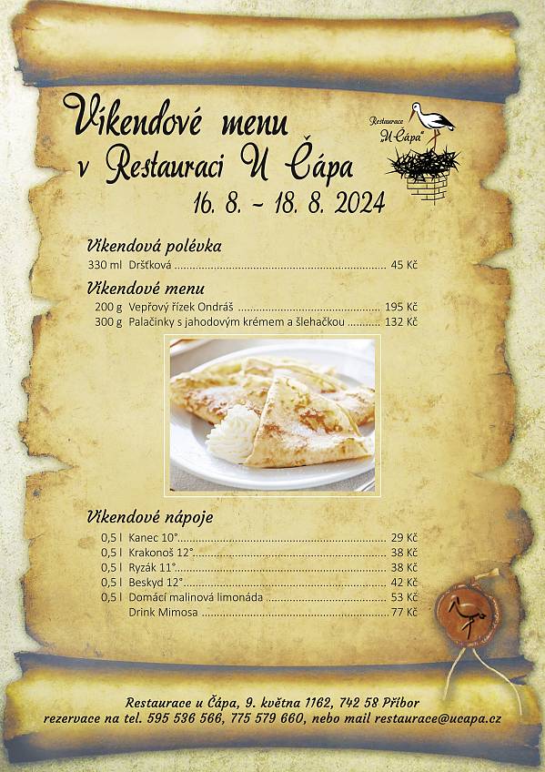 Víkendové menu od 16. 8. 2024