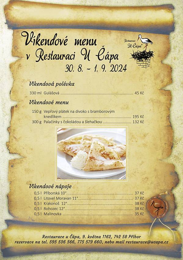 Víkendové menu od 30. 8. 2024