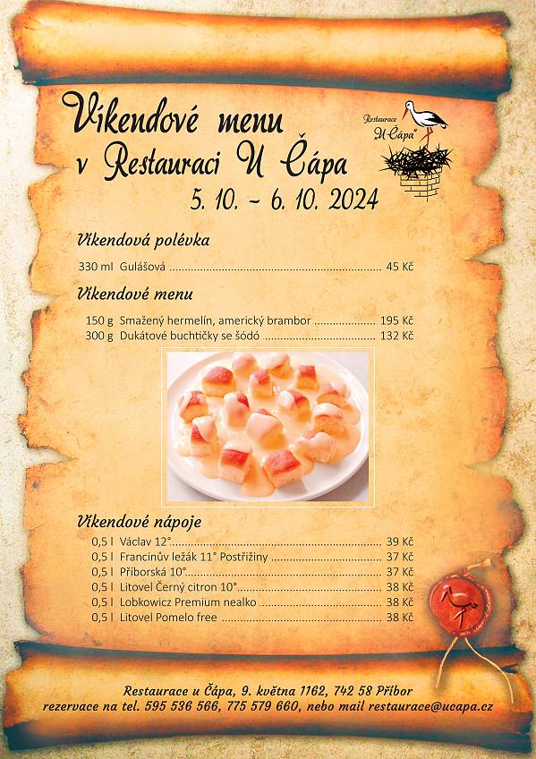 Víkendové menu od 5. 10. 2024